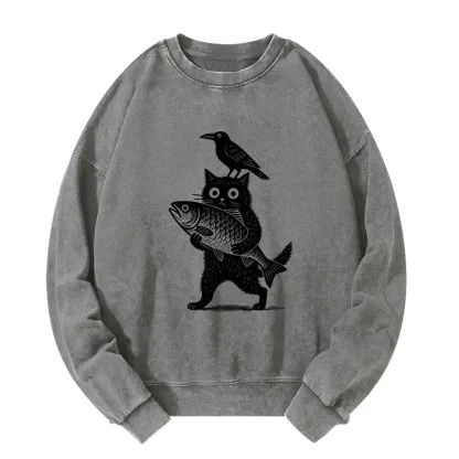 Tokyo-Tiger Black Animals Funny Washed Sweatshirt