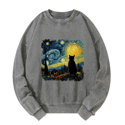 Tokyo-Tiger The Starry Night Cat Washed Sweatshirt