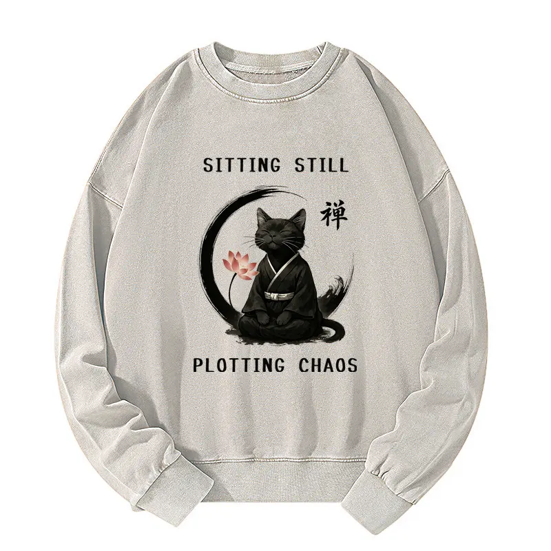 Tokyo-Tiger Sitting still  plotting chaos Calming Zen Cat Funny Washed Sweatshirt