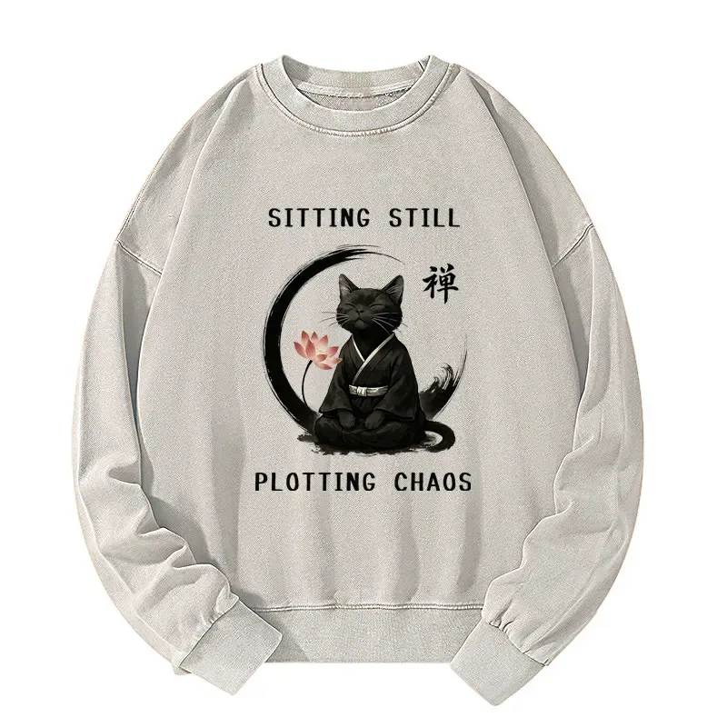 Tokyo-Tiger Sitting still  plotting chaos Calming Zen Cat Funny Washed Sweatshirt