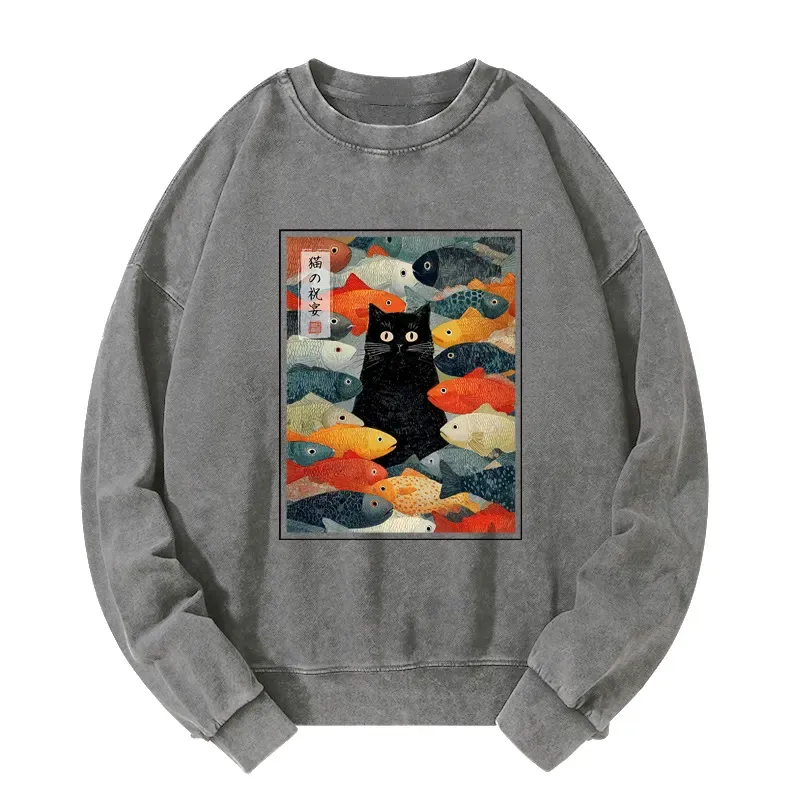 Tokyo-Tiger The Cat's Feast of Fish Washed Sweatshirt