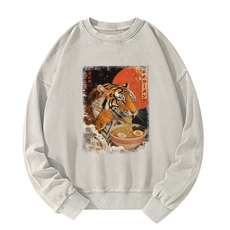 Tokyo-Tiger Ukiyoe Japan Tiger Eating Ramen Washed Sweatshirt