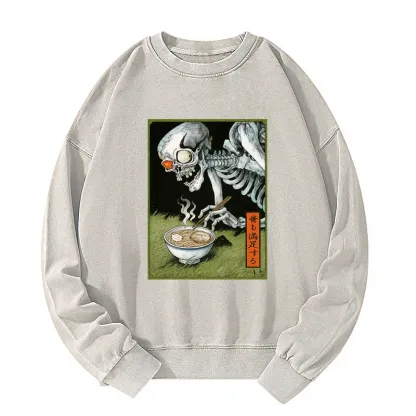 Tokyo-Tiger Ukiyo-e Skeleton Eating Ramen Washed Sweatshirt