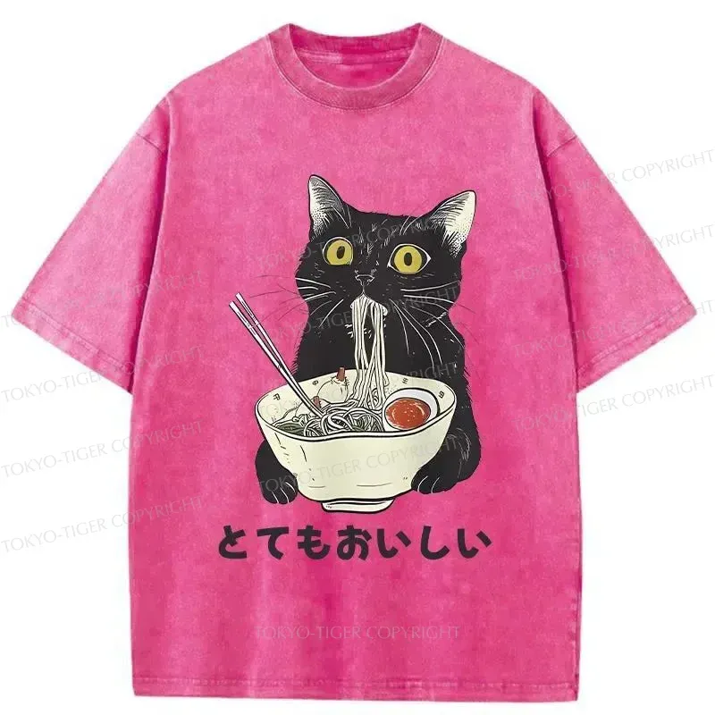 Tokyo-Tiger Cats Eat Ramen Noodles Washed T-Shirt Sale