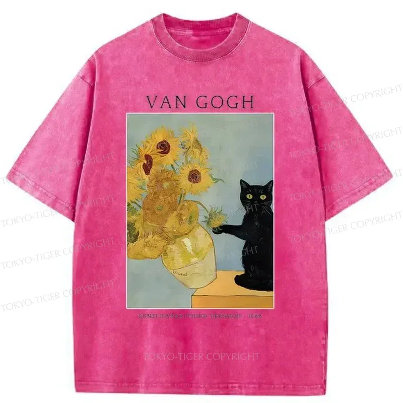 Tokyo-Tiger Black Cat With Sunflowers Washed T-Shirt