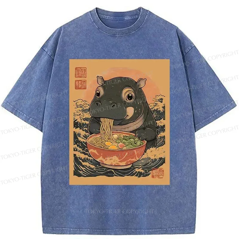 Tokyo-Tiger Moo Deng Eat Ramen Washed T-Shirt