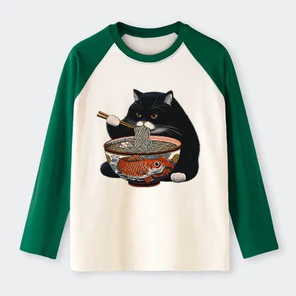 Tokyo-Tiger Fat Cat Eating Ramen Raglan Long Sleeve T-shirt