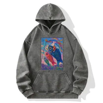 Tokyo-Tiger Ukiyoe Rabbit Ride Carp Streamer Poster Washed Hoodie