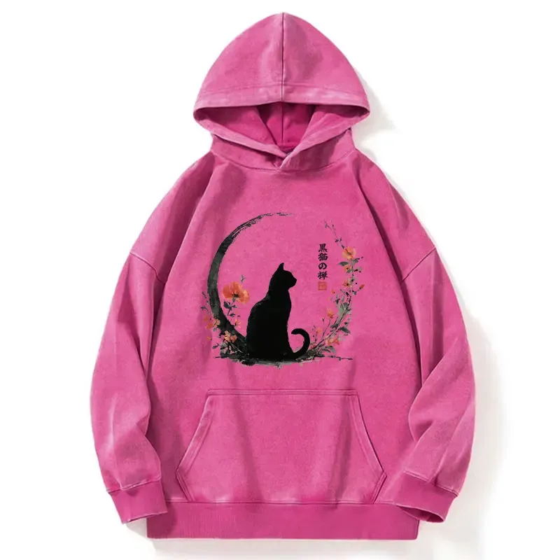 Tokyo-Tiger Black Cat And Flowers Washed Hoodie