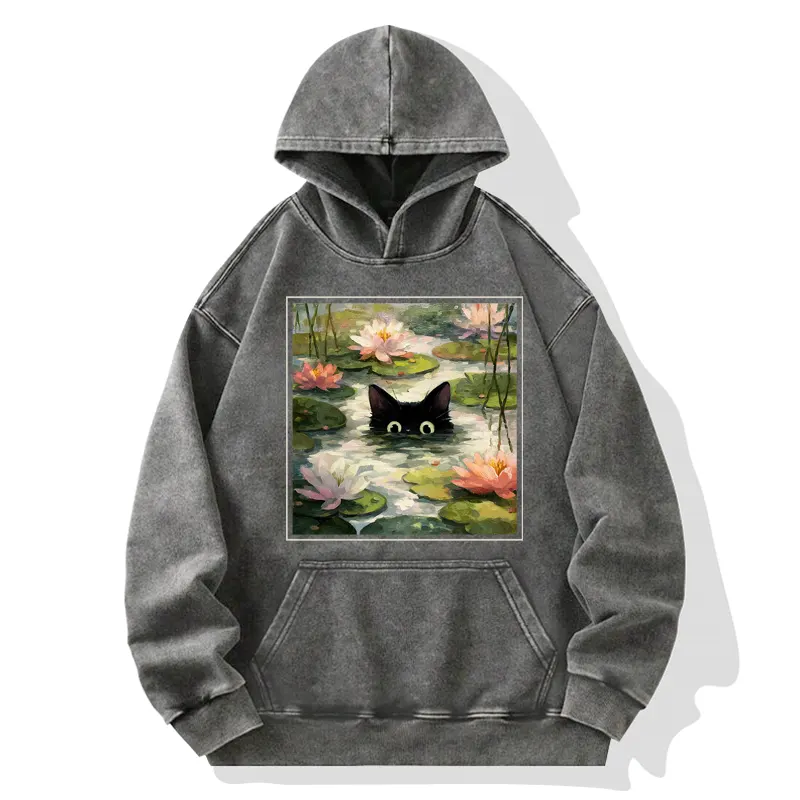 Tokyo-Tiger Black Cat and Lotus Flower Washed Hoodie
