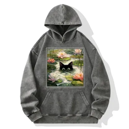 Tokyo-Tiger Black Cat and Lotus Flower Washed Hoodie