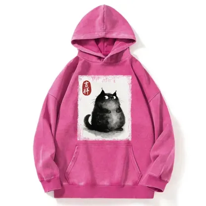 Tokyo-Tiger Auspicious Fluffy Black Cat Ink Painting Washed Hoodie