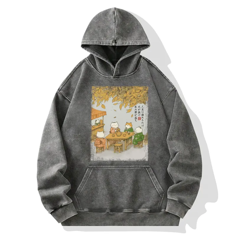 Tokyo-Tiger Cats Drinking Tea Under The Tree Washed Hoodie