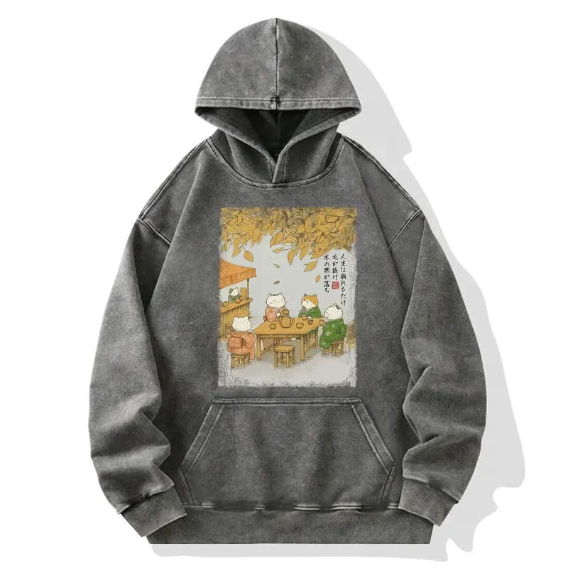 Tokyo-Tiger Cats Drinking Tea Under The Tree Washed Hoodie