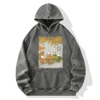 Tokyo-Tiger Cats Drinking Tea Under The Tree Washed Hoodie