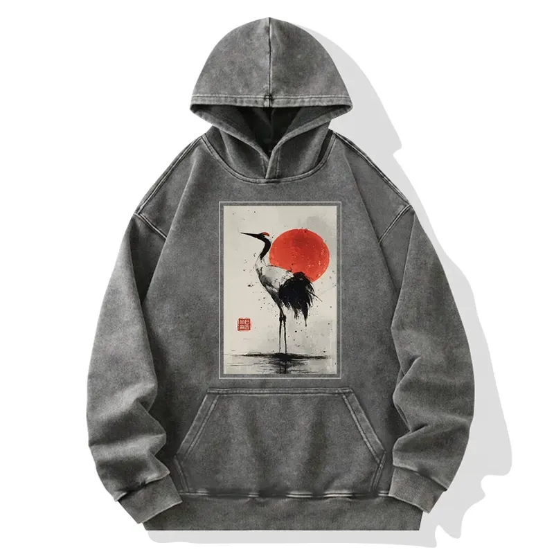 Tokyo-Tiger Retro Japanese Red-crowned Crane Washed Hoodie