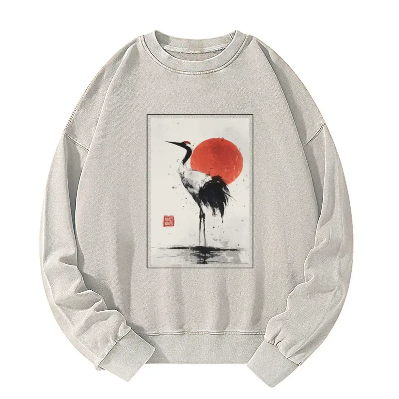 Tokyo-Tiger Retro Japanese Red-crowned Crane Washed Sweatshirt
