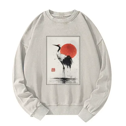 Tokyo-Tiger Retro Japanese Red-crowned Crane Washed Sweatshirt