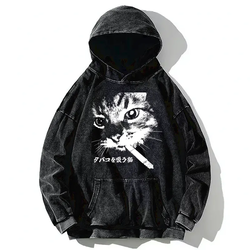 Tokyo-Tiger Retro Cat Smoking Washed Hoodie