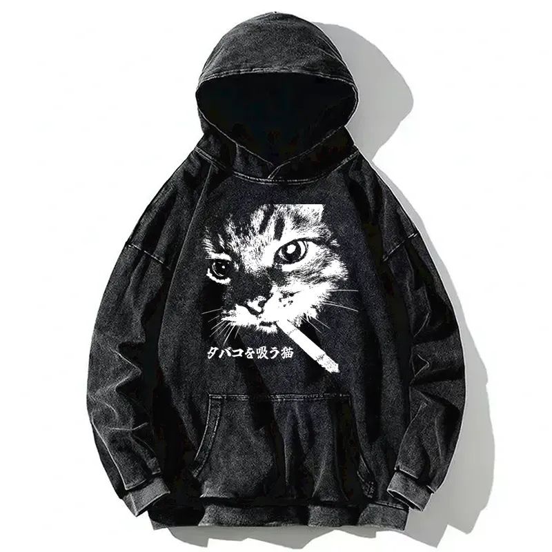 Tokyo-Tiger Retro Cat Smoking Washed Hoodie