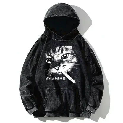Tokyo-Tiger Retro Cat Smoking Washed Hoodie