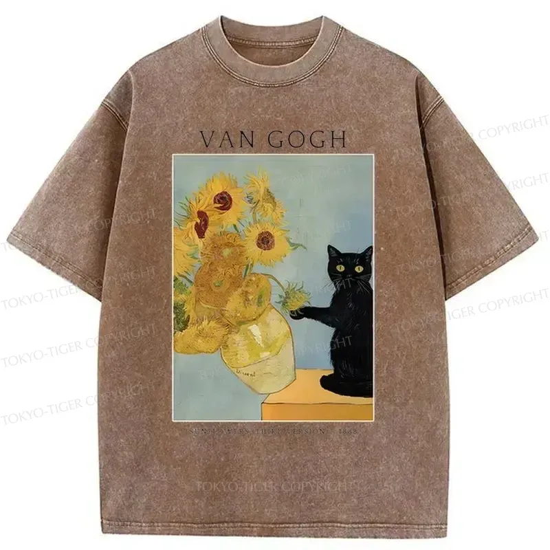 Tokyo-Tiger Black Cat With Sunflowers Washed T-Shirt