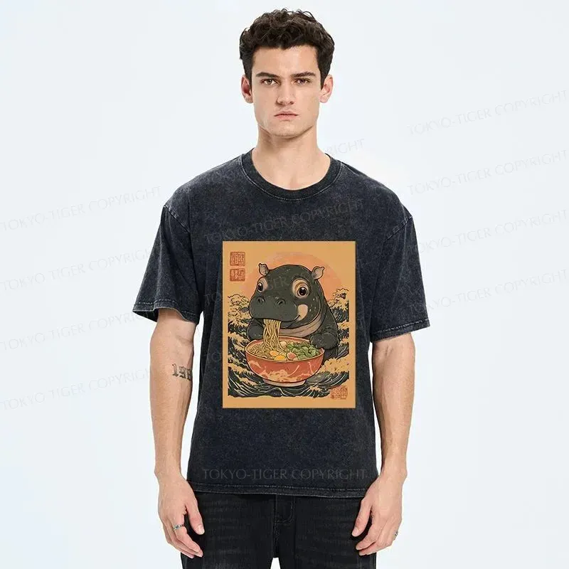 Tokyo-Tiger Moo Deng Eat Ramen Washed T-Shirt