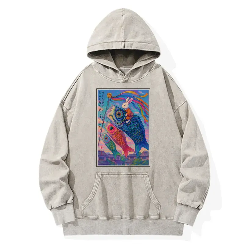 Tokyo-Tiger Ukiyoe Rabbit Ride Carp Streamer Poster Washed Hoodie