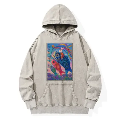 Tokyo-Tiger Ukiyoe Rabbit Ride Carp Streamer Poster Washed Hoodie
