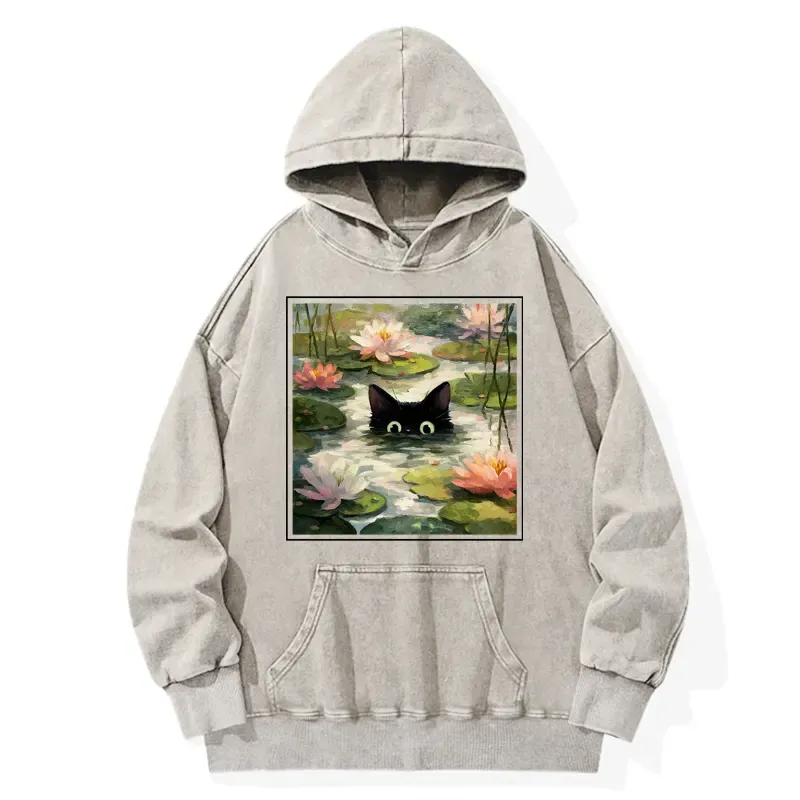 Tokyo-Tiger Black Cat and Lotus Flower Washed Hoodie