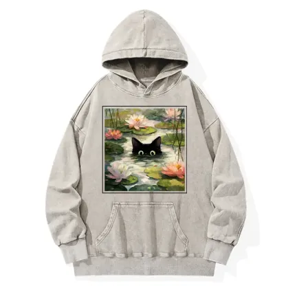Tokyo-Tiger Black Cat and Lotus Flower Washed Hoodie