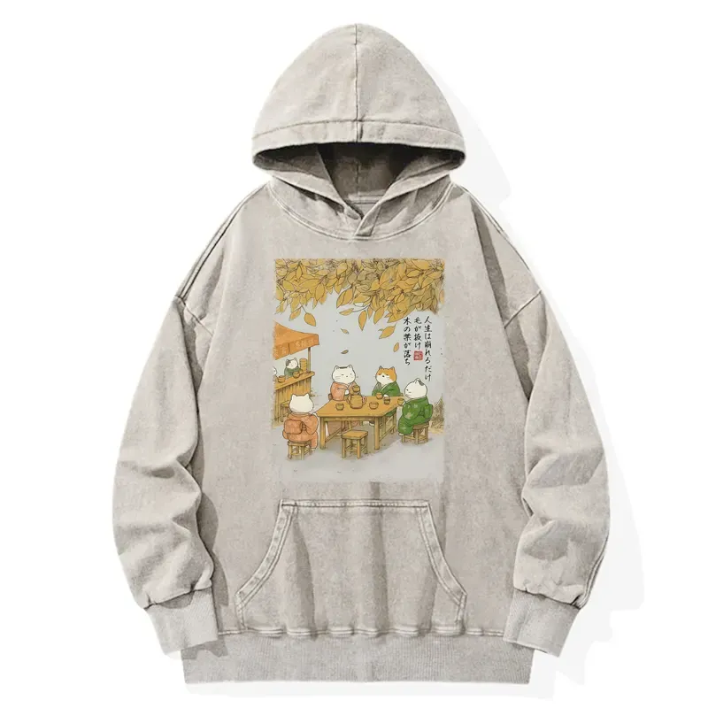 Tokyo-Tiger Cats Drinking Tea Under The Tree Washed Hoodie