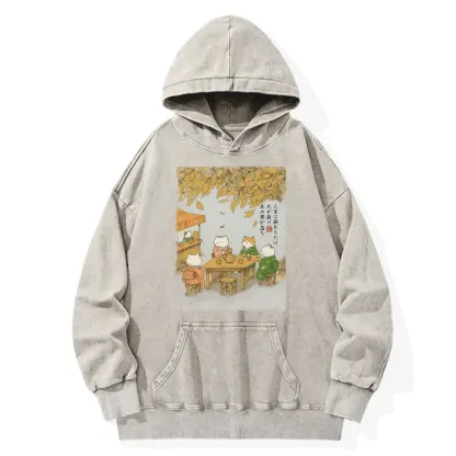 Tokyo-Tiger Cats Drinking Tea Under The Tree Washed Hoodie