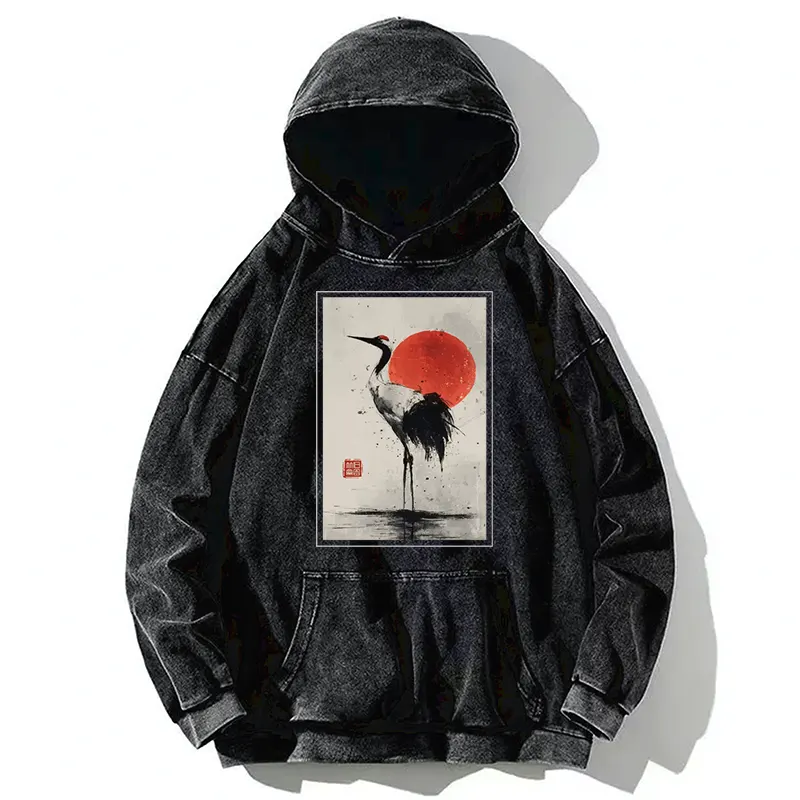 Tokyo-Tiger Retro Japanese Red-crowned Crane Washed Hoodie