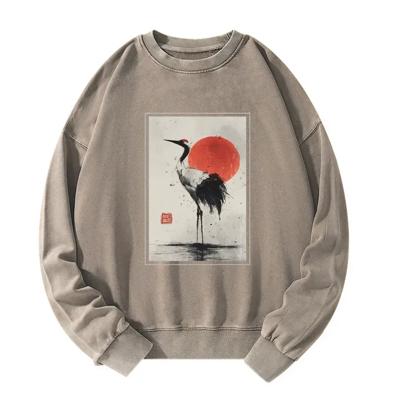 Tokyo-Tiger Retro Japanese Red-crowned Crane Washed Sweatshirt