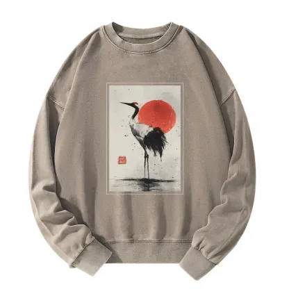 Tokyo-Tiger Retro Japanese Red-crowned Crane Washed Sweatshirt