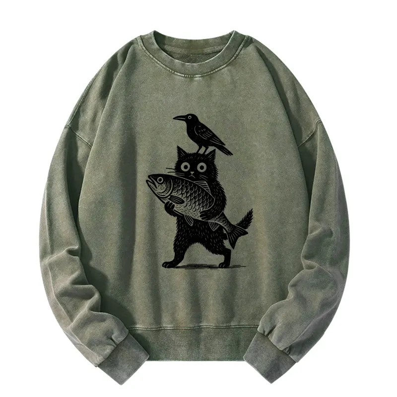 Tokyo-Tiger Black Animals Funny Washed Sweatshirt