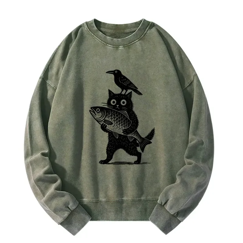 Tokyo-Tiger Black Animals Funny Washed Sweatshirt