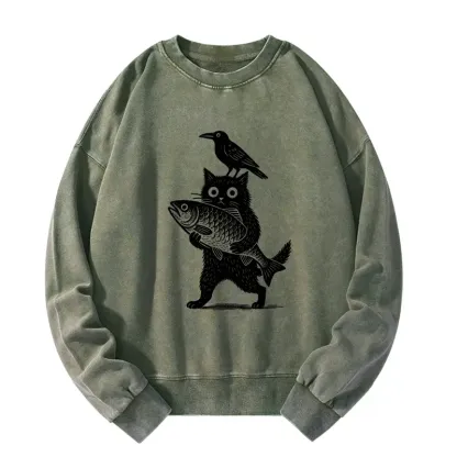 Tokyo-Tiger Black Animals Funny Washed Sweatshirt