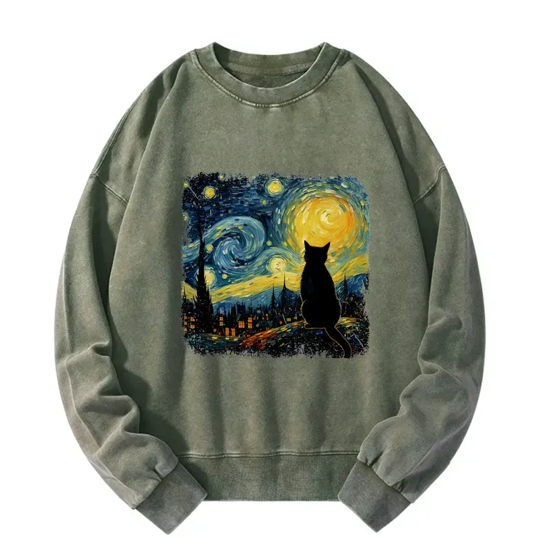 Tokyo-Tiger The Starry Night Cat Washed Sweatshirt