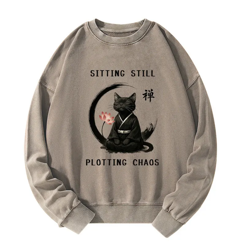 Tokyo-Tiger Sitting still  plotting chaos Calming Zen Cat Funny Washed Sweatshirt