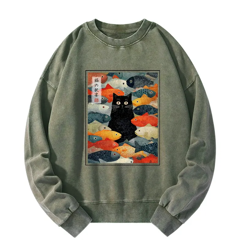 Tokyo-Tiger The Cat's Feast of Fish Washed Sweatshirt