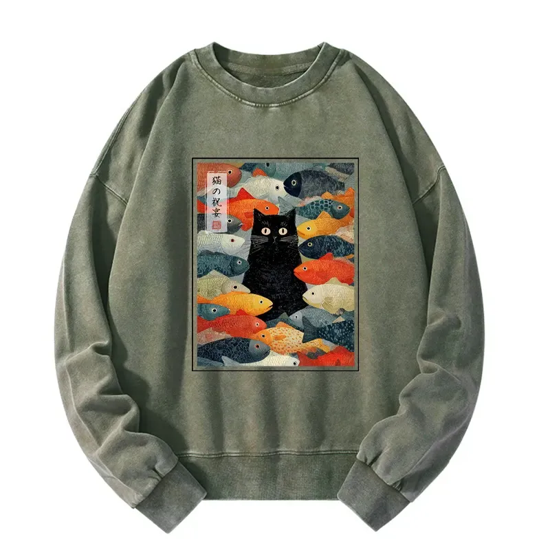 Tokyo-Tiger The Cat's Feast of Fish Washed Sweatshirt