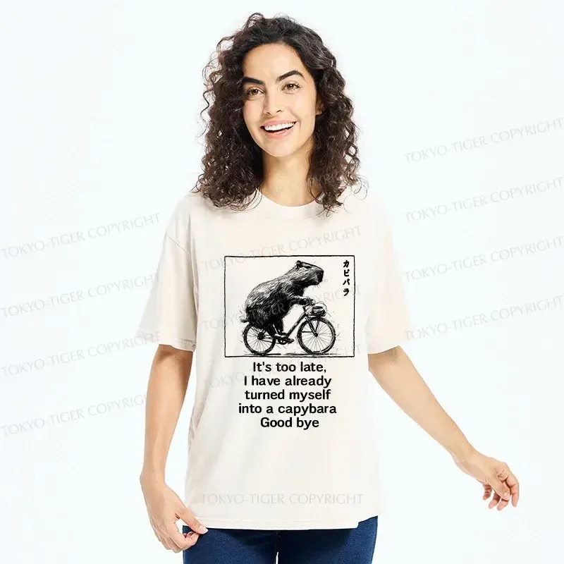Tokyo-Tiger Funny Capybara Riding A Bicycle Washed T-Shirt