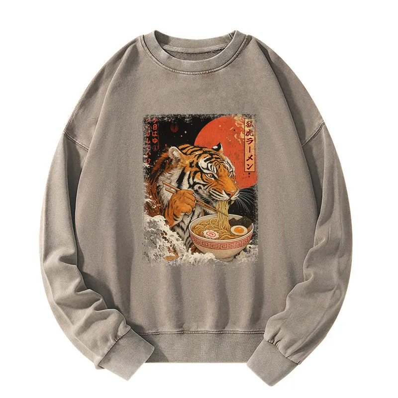 Tokyo-Tiger Ukiyoe Japan Tiger Eating Ramen Washed Sweatshirt