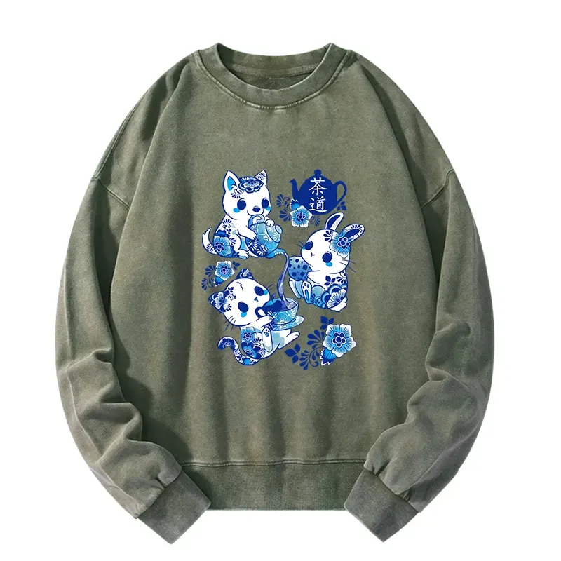 Tokyo-Tiger Blue And White Porcelain Washed Sweatshirt