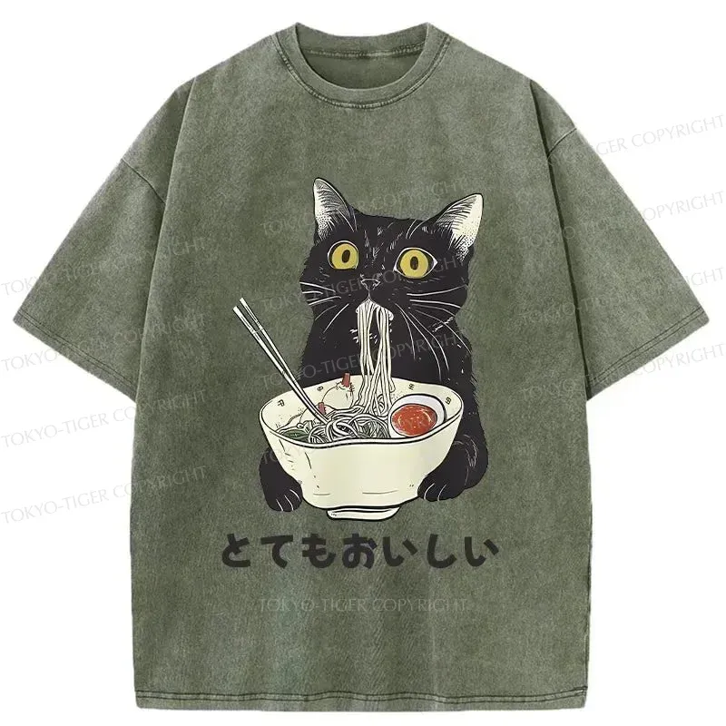 Tokyo-Tiger Cats Eat Ramen Noodles Washed T-Shirt