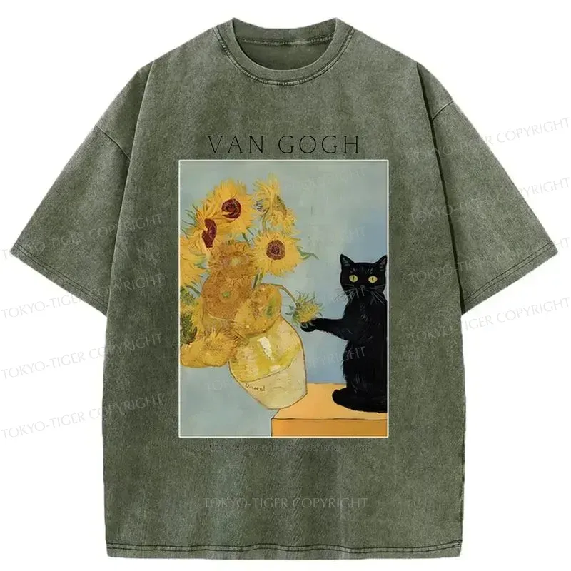 Tokyo-Tiger Black Cat With Sunflowers Washed T-Shirt