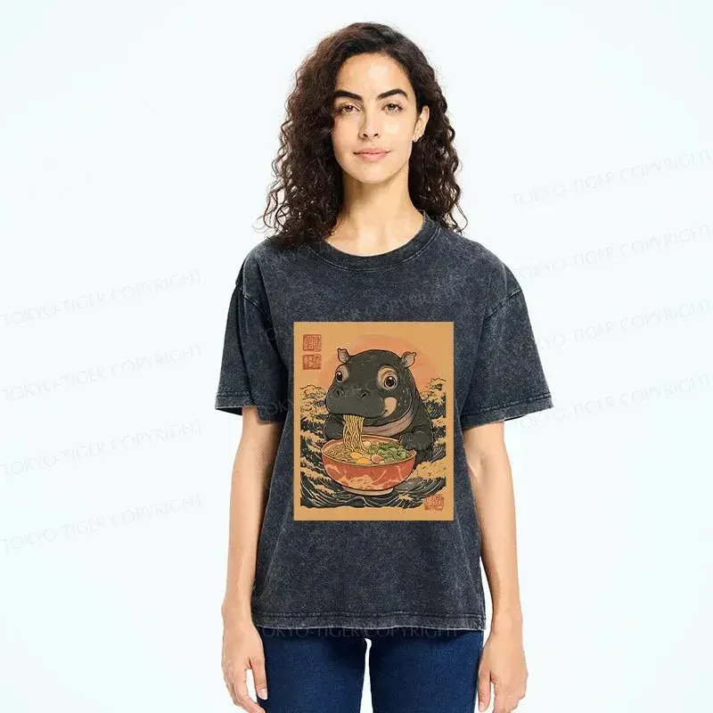 Tokyo-Tiger Moo Deng Eat Ramen Washed T-Shirt