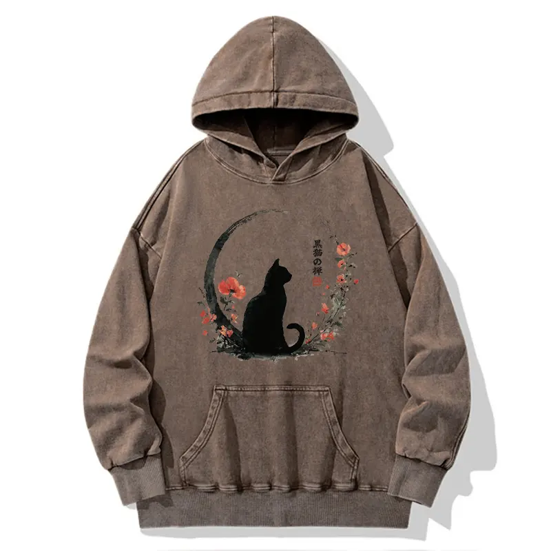 Tokyo-Tiger Black Cat And Flowers Washed Hoodie